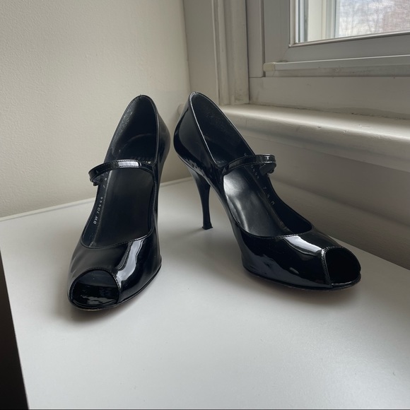 Stuart Weizman Black Patent Leather Peep Toe Mary Janes - Picture 12 of 15